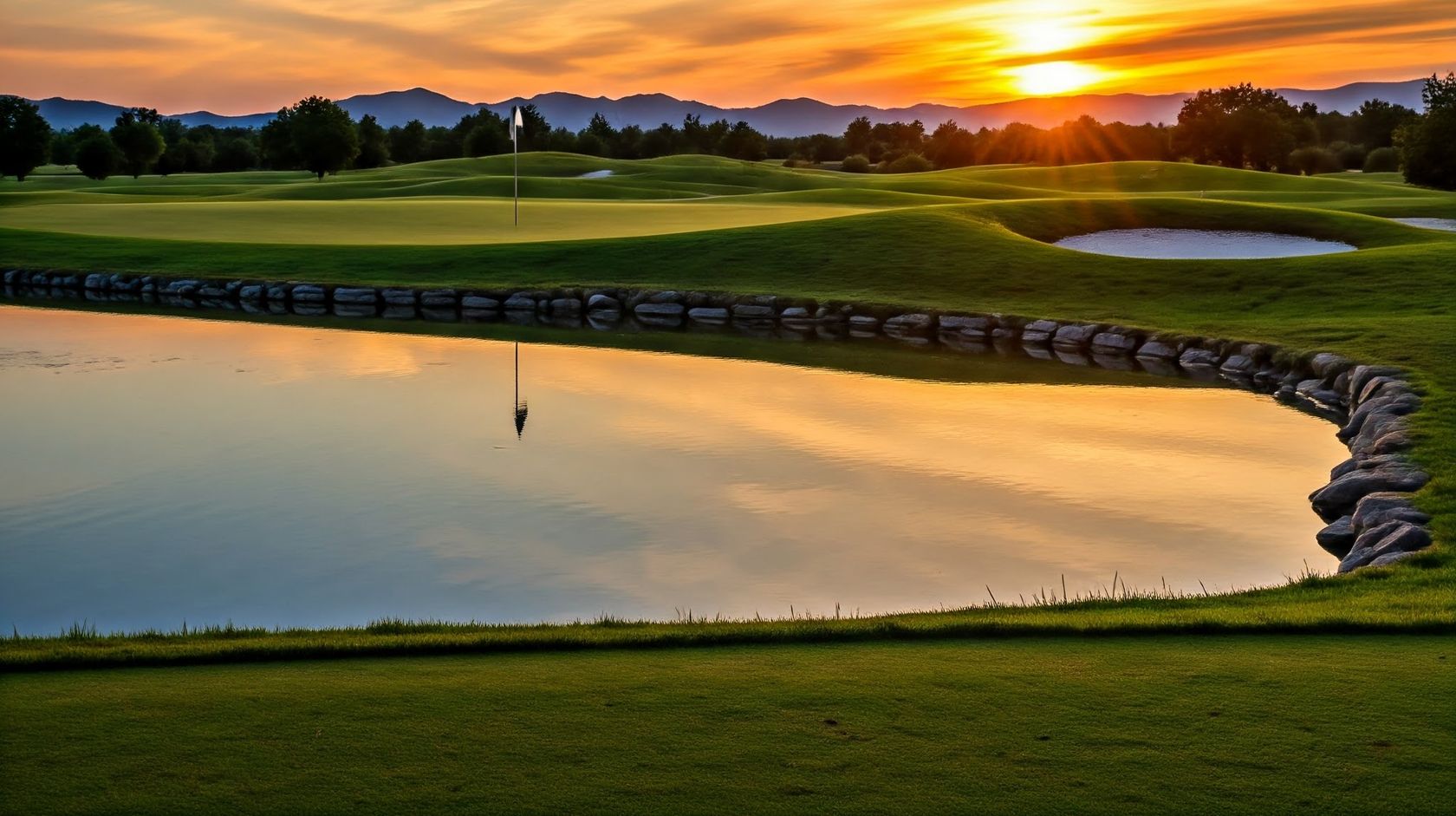 Sunset over a golf course green and pond, the flag reflected in still water