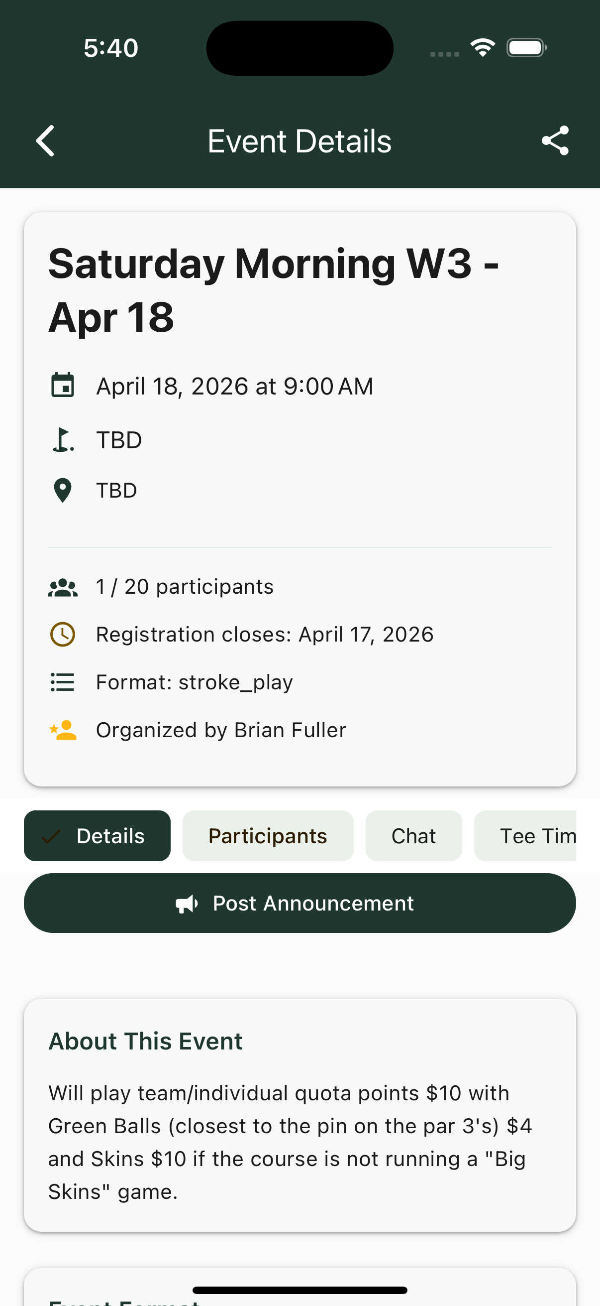 Event detail showing 19 participants signed up for Spring Scramble