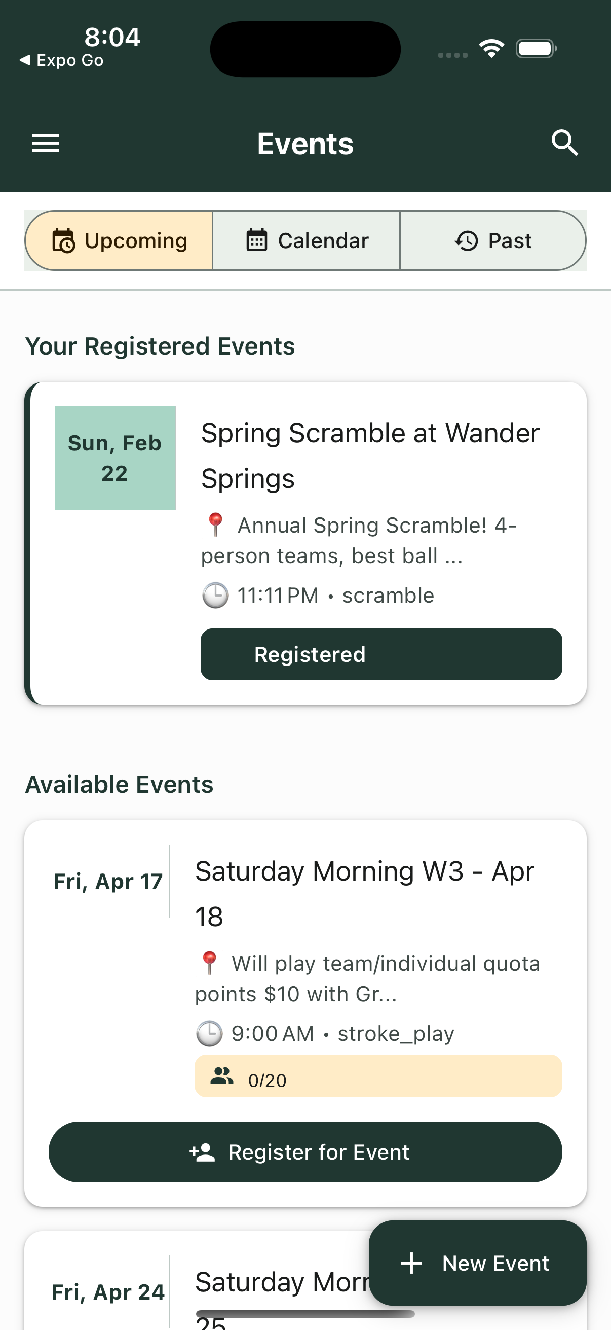 Events list showing upcoming Spring Scramble and available events