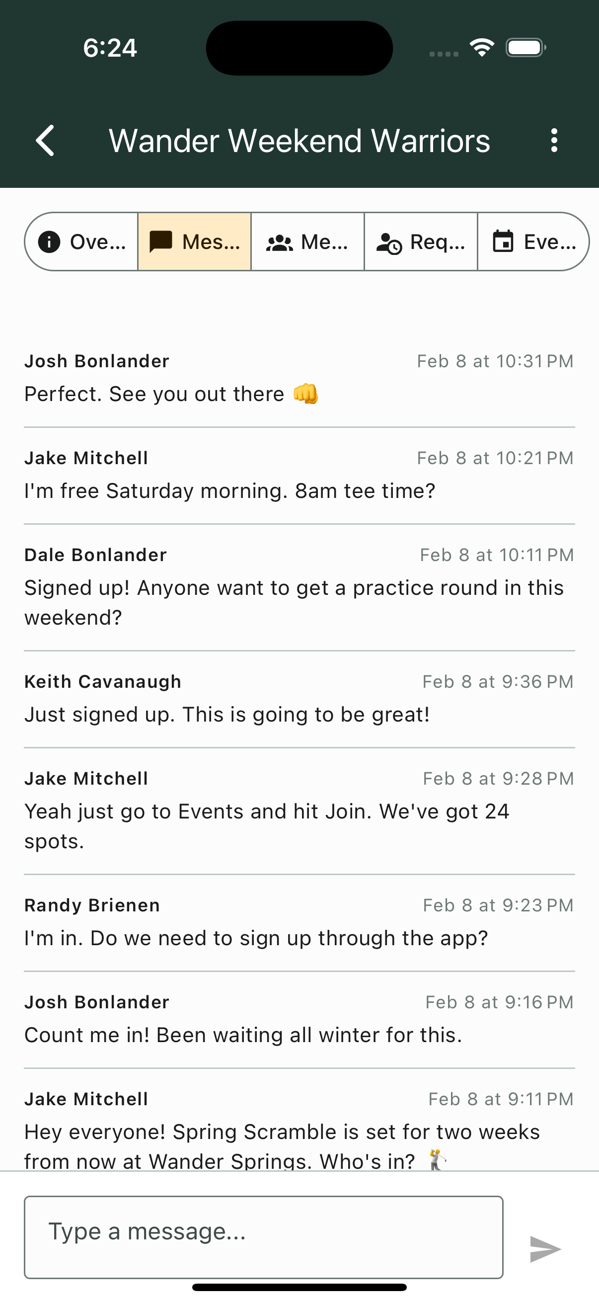 Wander Weekend Warriors group chat showing members coordinating for Spring Scramble
